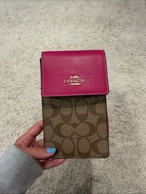 Coach Brown Signature Canvas Crossbody with Hot Pink Flap
